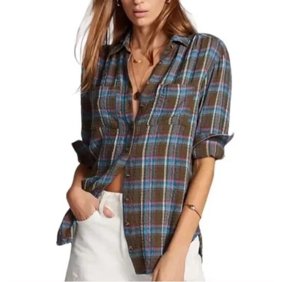 Pilcro Tops - PILCRO The Romy Top Womens Small Olive Teal & Pink Plaid Relaxed Button Shirt